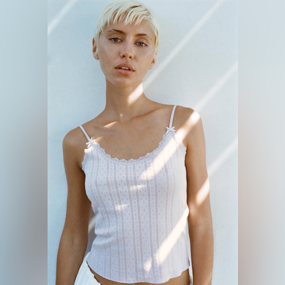 Zara Lace Trim Pointelle Top L - Picture 5 of 7